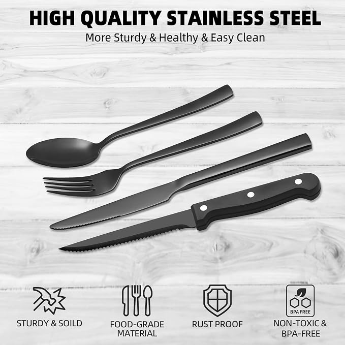 CEKEE 24 Piece Silverware Set for 4 With Steak Knives, Stainless Steel Black Flatware, Utensils, Tableware Cutlery for Home & Kitchen, Hand Wash Recommended