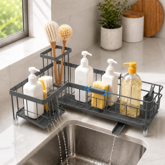 Extendable Corner Sink Sponge Holder, Quick-Drain Caddy for Kitchen Sink, Grey