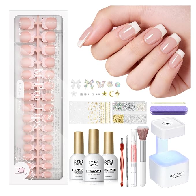 PEACECOLOR French Tip Press On Nails Kit - 150Pcs Short Square 5 Colors Nude Nail Tips Gel Nail Extension Kit with Nail Lamp Starter Kit Nail Glue Base & Top Coat Fake Nails Gift for Women Home DIY
