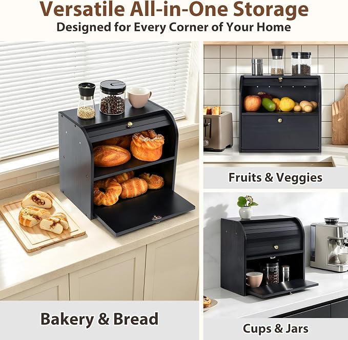 Sunhoo Wooden Bread Box for Kitchen Countertop, Roll Top Breadbox, Black | Large Double Layer Pantry Container, Solid Wood with Cutting Board, Fresh Homemade Sourdough Bin Cabinet, Vintage Farmhouse