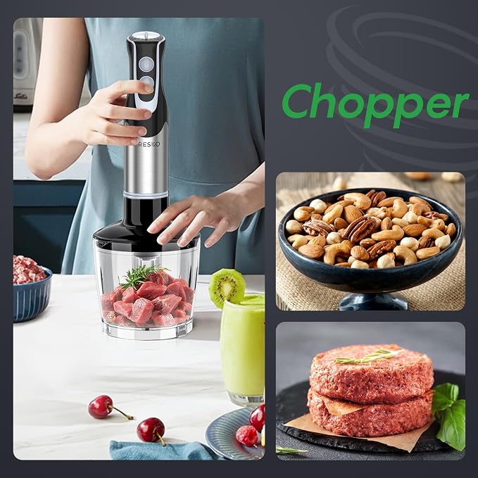 Immersion Blender Handheld, 4-In-1 Hand Blender with 12-Speeds & Turbo Mode | 500W Emulsion Blender, Egg Whisk, 24oz Beaker & Chopper Bowl, Stick Mixer for Baby Food, Smoothies, Soups & Sauces