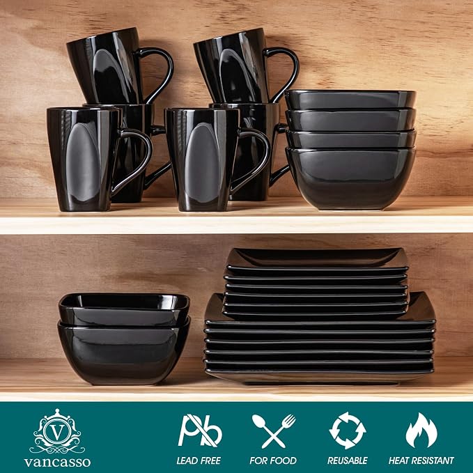 vancasso Soho Dinnerware Sets 24 Pieces, Black Stoneware Square Place Setting, Dinner Plate, Cups and Plates Sets for Kitchen, Dish Set for 6
