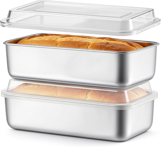 TeamFar Loaf Pan for Baking Bread, 9 x 5 Inch Bread Pan with Lid, Set of 2 | Stainless Steel Meatloaf Pan Tin for Homemade Bread, Brownies, Meal Prep, Storage, Healthy & Dishwasher Safe