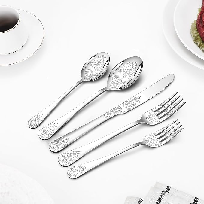 40 Pcs Silverware Set for 8, Food Grade Stainless Steel Flatware Set, Eating Utensils Sets Include Fork/Knife/Spoon, Reusable Cutlery Set for Home Kitchen, Dishwasher Safe, Embossed pattern-2
