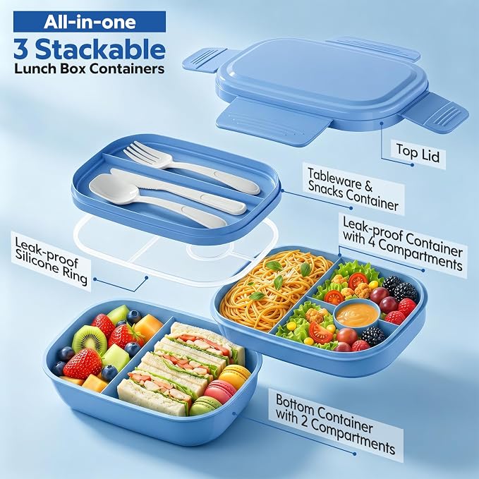 HOMETALL Bento Box Adult with Insulated Lunch Bag - 3 Stackable Leak-Proof Lunch Box Containers for Women & Men - BPA Free Lunchbox with Utensil Set (Spoon, Knife, Fork) for Work, Picnic, Dining Out