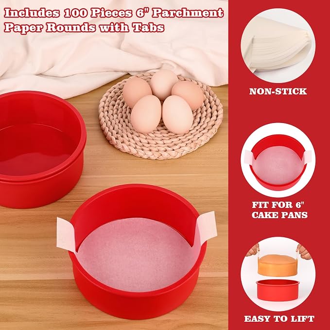 HUAKENER 6" Round Cake Pan,3 PCS Silicone Cake Molds with Parchment Paper | 6 Inch Cake Pans with 100 Pieces Parchment Paper, Nonstick Cake Molds for Smash Cakes,Layer Cakes,Cheese Caks,Chocolate Cakes