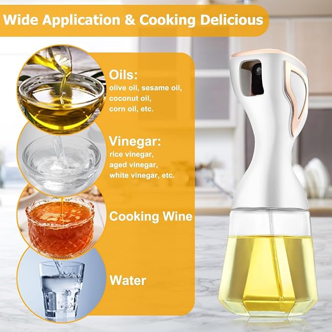 Continuous Mist Oil Sprayer 150ml with 2 Free Brushes for Cooking, Hair, Cleaning – Glass Olive Oil Dispenser, Refillable Mister for Air Fryer, Salad, BBQ (White Gold)