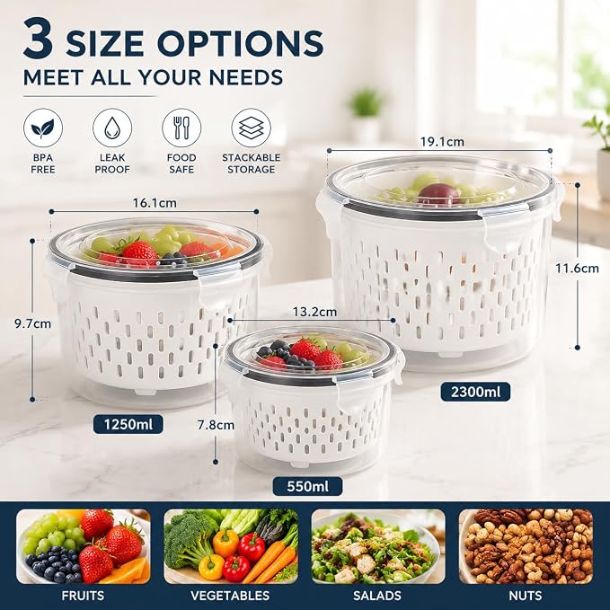 3 Piece Fruit & Berry Storage Boxes with Lid for Refrigerator, Round Berry Containers for Blueberries, Strawberries & Fruits, Food Storage Containers for Fresh Keeping