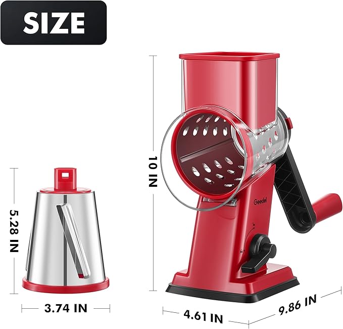 Geedel Upgraded Rotary Cheese Grater Hand Crank, Vegetable Shredder Slicer | 4 Blades, Stronger Suction Base, Wider Chute, 18x Faster Cutting, No BPA, Stainless Steel, for Cheese, Veggies, Nut
