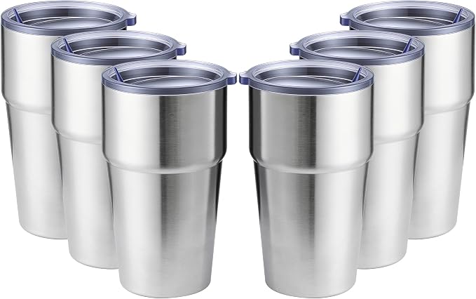 MEWAY 16oz Tumbler Double Wall Vacuum Insulated Travel Mug Bulk, Stainless Steel Tumblers with Lid, Powder Coated Coffee Cups for Cold & Hot Drinks (Silver,6 Pack)