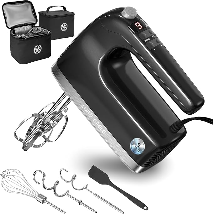 Lord Eagle 9-Speed Digital Hand Mixer Electric Handheld, 500W DC Motor | Kitchen Mixer for Cake Baking, Lightweight Egg Beaters with Stain-resistant & Waterproof Storage Bag & 6 Accessories, Black