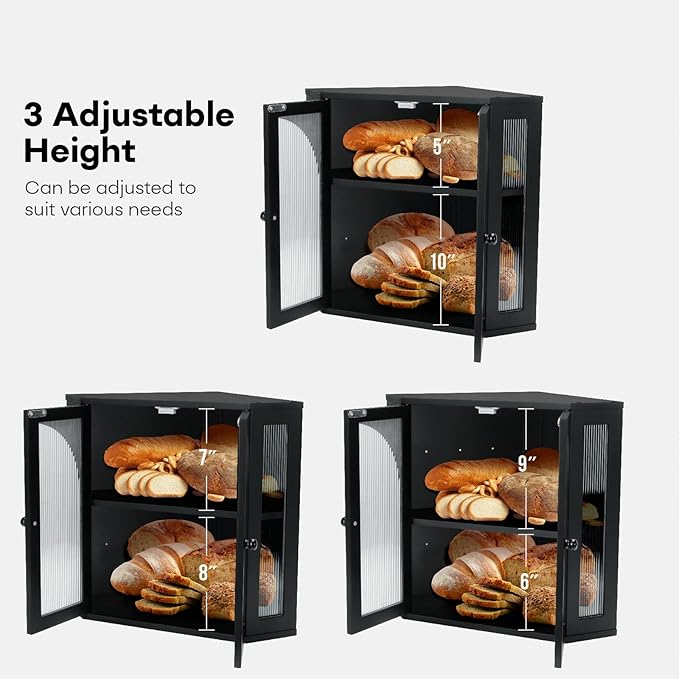Corner Bread Box for Kitchen Countertop,Double Layer Bread Holder | 3 Adjustable Height, Large Capacity, Magnetic Acrylic Door, Bamboo Bread Storage Container for Homemade Bread, Black