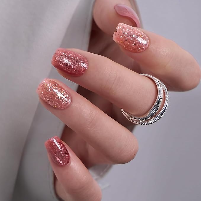 CurvLife Short Square Glitter Press On Nails, Fairy Frost Milky White | 32PCS, 16 Sizes, Salon-Quality Natural Fake Nails, Curved Fit, 7-14 Day Glue-On Wear, Reusable Stick-On Nails, Press-On Kit