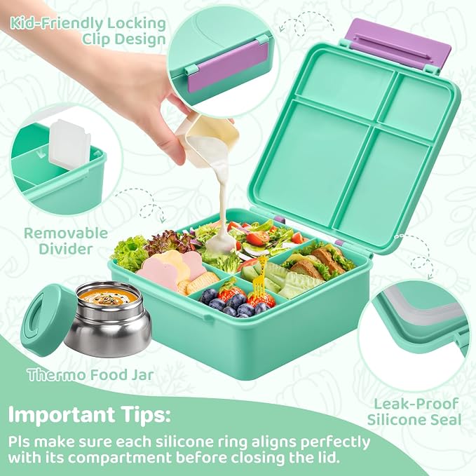 JSLOVE Bento Lunch Box with Leak Proof Thermos Food Jar for Kids, Food Lunch Containers for Girls with 4 Compartments, BPA-Free with Utensils, Food Picks, Sauce Jar & Silicone Lunch Box Dividers