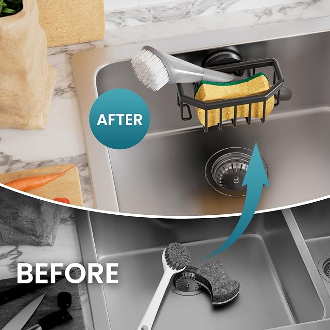 TAILI Sponge Holder for Kitchen Sink with Suction Cup-Black Aluminum | Rustproof Aluminum Sink Caddy for Sponges,Brushes,Stoppers & Scrapers,Removable Ventilated Quick-dry Design, holds Up 11lbs