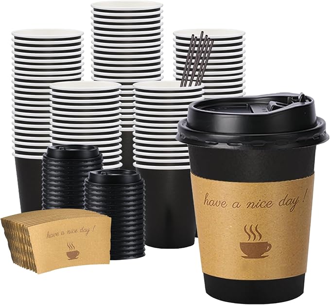 BYSNOW 100 pack 12 oz Disposable Coffee Cups with Lids Thickened Hot Cups | Scald Resistant Hot Cups with Sleeve and Stirring Sticks, To Go Coffee Cups for Home, Office, Cafes and Party (Black 12oz)