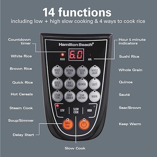 Hamilton Beach Digital Programmable Rice Cooker & Food Steamer | 20 Cups Cooked (10 Cups Uncooked) | 14 Pre-Programmed Settings | PFAS-Free Nonstick Pot | Steam Basket | Stainless Steel