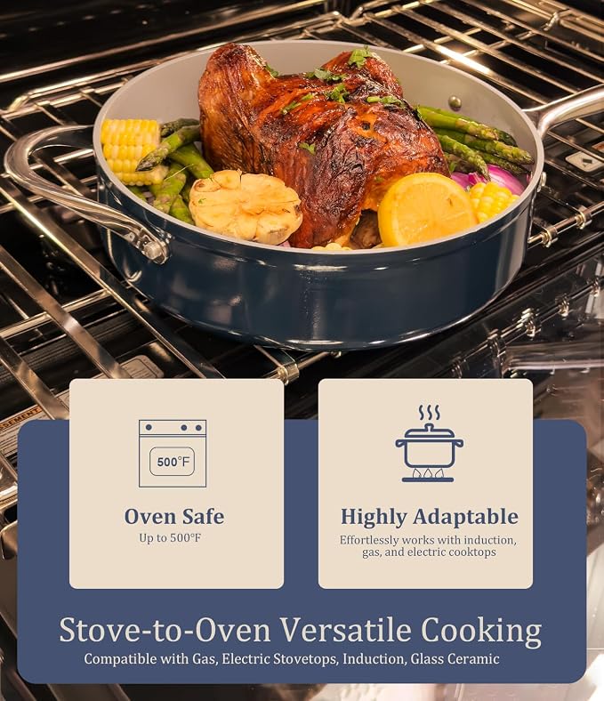 CookinCraze Premium Ceramic Sauté Pan with Lid, 4.5 QT Nonstick Deep Pan | for Healthy Everyday Cooking, PFAS & PTFE Free, Induction Compatible, Oven Safe up to 500°F, Stay-Cool Handle, Navy Blue