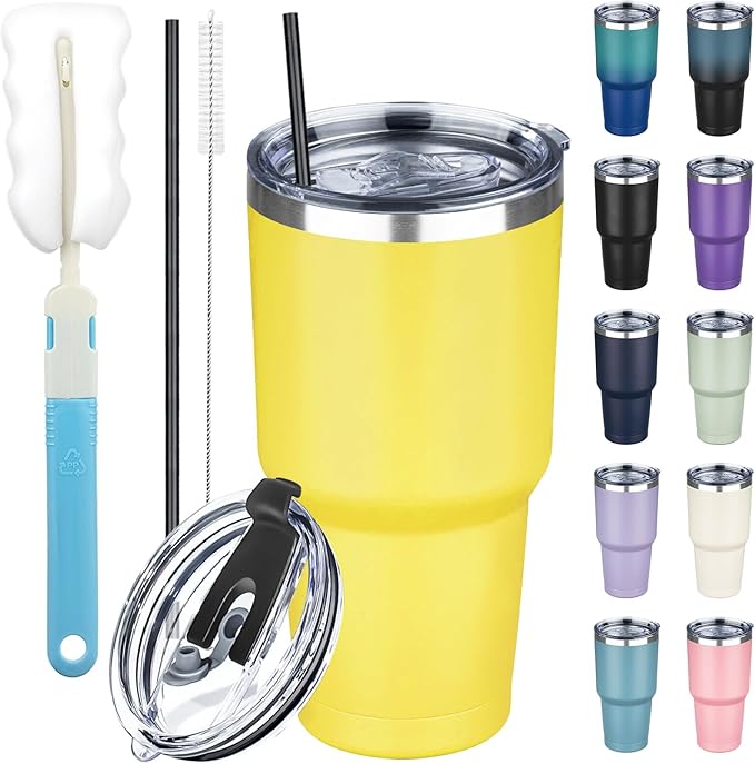 30 oz Tumbler with Lids and Straws, Stainless Steel Insulated Coffee Tumbler, Double Wall Vacuum Insulated Travel Mug Cup, Leakproof Thermal Coffee Cup for Hot and Cold Drinks (Yellow)