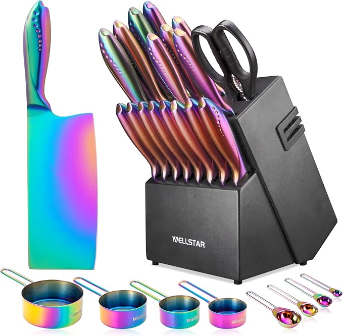 Rainbow Knife Block Set 27-Piece, Iridescent German Stainless Steel Kitchen Knives Set with Wooden Holder, Colorful Titanium Coating, Include Scissors and 2-Stage Built-in Sharpener and 8pcs Gadgets