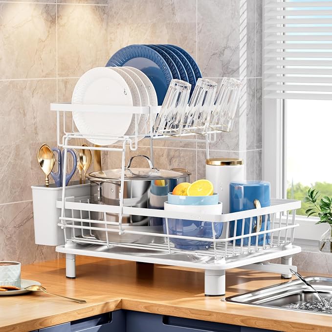 Dish Drying Rack,Stainless Steel-Dish Rack,Double Layer, | Dish Racks for Kitchen Counter, Kitchen Dish Drainers with Removable Utensil Holder,New Drain Outlet,