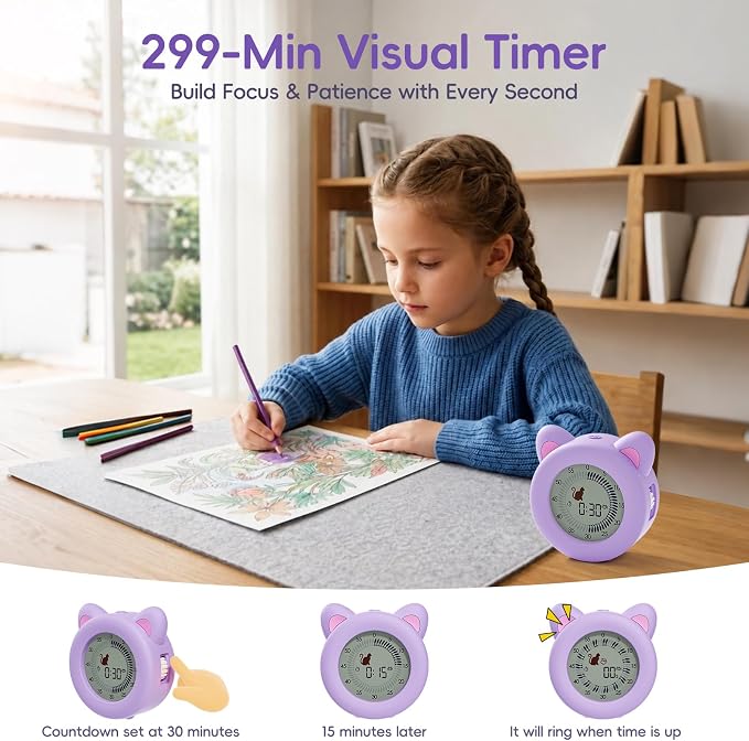 299 Min Visual Timer for Kids with Pause Function, Clock and Alarm | Cat Desk Countdown Timer, ADHD Autism Toddler Support, Cute kitty, Girl Timer for Classroom, Kitchen and Office