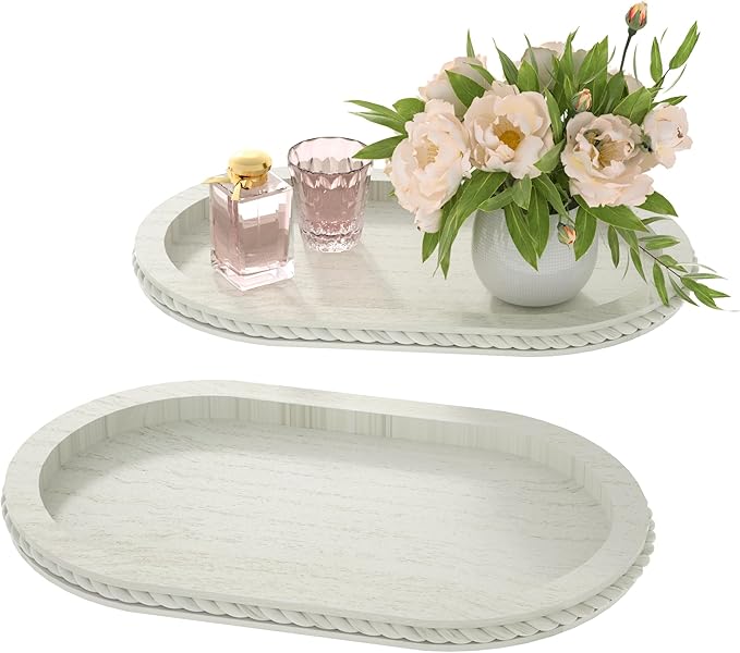 Urban Deco Oval Wooden Decorative Tray Set of 2 | Farmhouse Vintage Decorative Tray Stand for Coffee Table, White Serving Tray for Living Room Kitchen Home Decor