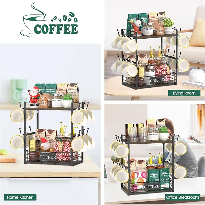EsLuker.ly Coffee Mug Cup Holder Tree Bar Station Organizer, 2 Tier Brown | Mug Stand Rack for Countertop Kitchen, Storage Tower Display Shelf with 12 Hooks, Coffee Nook Enhancer