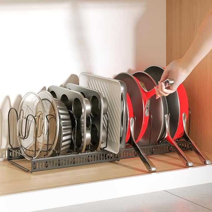 Pots and Pans Organizer under Cabinet, 11.8-22.8" 12 Dividers Black | Extends 11.8-22.8", Holds pot lids, pans, cookware and bakeware, Adjustable dividers, for under cabinet or countertop