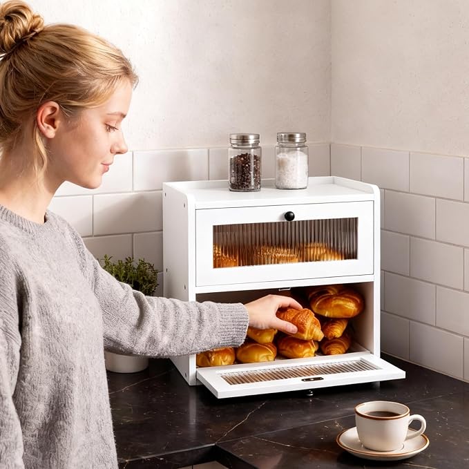 Alpeir Wooden Bread Box for Kitchen Countertop, Large Double Layer, White | Food-Safe Pine Wood, Double-Row Ventilation, Strong Acrylic Window, Raised Top Shelf, Easy Care, Farmhouse Corner Container