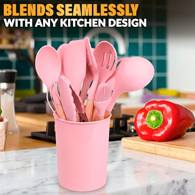 Kitchen Utensils Set with Holder for Nonstick Cookware - 12 Pcs Pink Silicone Cooking Utensils Set, Kitchen Tools for Daily Cooking - Wooden Handle Cooking Tools for Baking Serving and Mixing Tasks