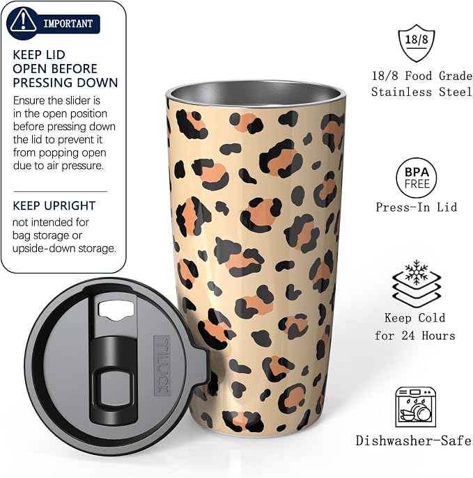 TILUCK 20 oz Insulated Coffee Tumbler with BPA-Free Lid | Travel Coffee Mug, Dishwasher Safe, Cup Holder Friendly, Double-Wall Vacuum Insulation for Hot & Cold Drinks, Leopard