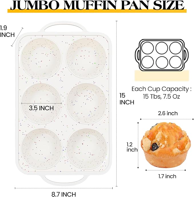 2 Pcs Jumbo Muffin Pan with Metal Frame Nonstick 6 Cup Extra Large Silicone Cupcake Pan for Baking, Deep Jumbo Muffin Tray for Egg Bites Muffins, Confetti Color Cream Gifts for Mom Home Baker