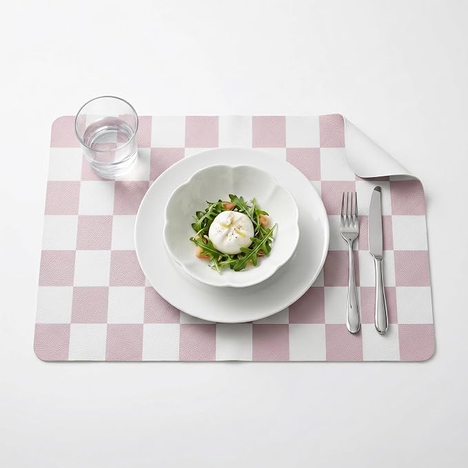 Set of 6 Checkerboard Non-Slip Washable Placemats for Dining Table | Waterproof & Heat-Resistant Faux Leather Mats | Easy Wipe Clean Tablemats for Indoor Dining, 17’’×12’’, Pink