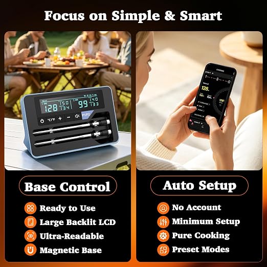 Bluetooth Wireless Meat Thermometer Digital for BBQ Oven Smoker Grill | 800FT Food Thermometer for Cooking with Standalone Base, 2 Meat Probes with Dual Sensors, NIST Certified Accuracy