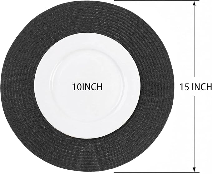 AHHFSMEI Round Braided Placemats Set of 6 Woven Table Mats for Dining Table Heat Resistant Easy to Clean Perfect for Kitchen & Home Decor (Black)