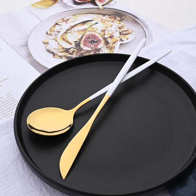 Mirror Silverware Set, 24-Piece 18/0 Stainless Steel Flatware Set For 6, Gold and White Color Forks Spoons Knives Cutlery Set For Home Restaurant, Lightweight and Flat handle