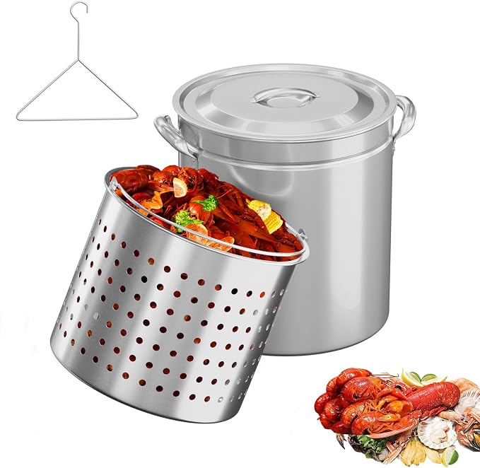 Bonnlo 36QT Turkey Fryer Pot with Steamer Basket, Lid & Lifting Hook, Stainless Steel Seafood Boil-Pot for Lobster, Crab & Shrimp, Heavy-Duty Deep Stockpot for Outdoor Boiling, Cooking & Frying
