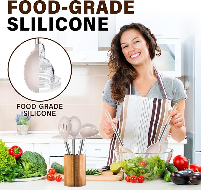 3Pcs Silicone Cooking Spoon Set, Kitchen Utensils Include Solid & Slotted Spoon, Soup Ladle, Food-Grade Heat Resistant 446°F, Non-Scratch Spoons for Serving, Stirring, Draining, Dishwasher Safe, Khaki