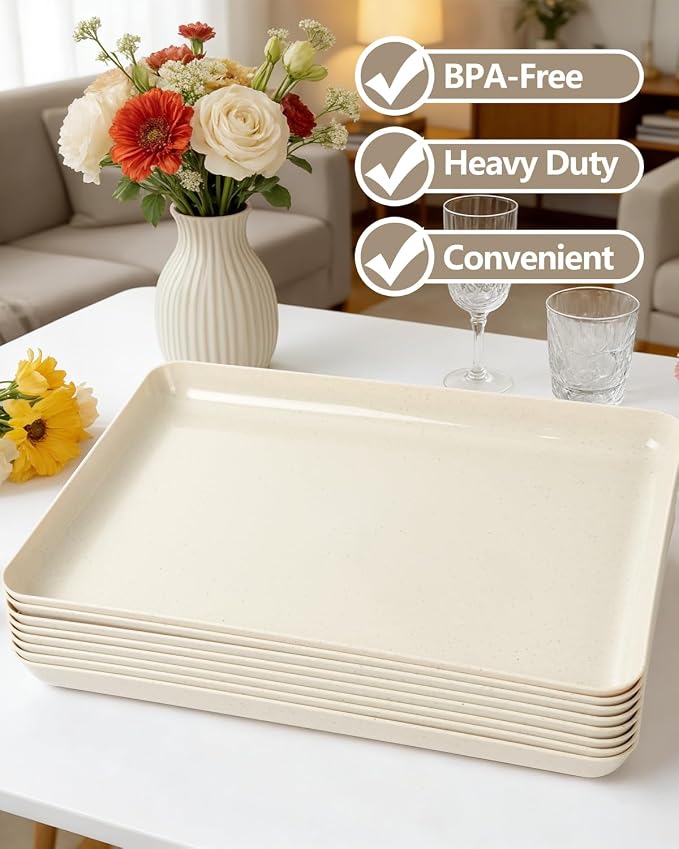 YOUBET 8PCS Ivory Wheat Straw Plastic Serving Trays for Party Wedding | Ivory Wheat Straw Trays for Serving Food - Super Strong Disposable Platters, Heavy Duty Plastic Trays for BBQ, Picnic