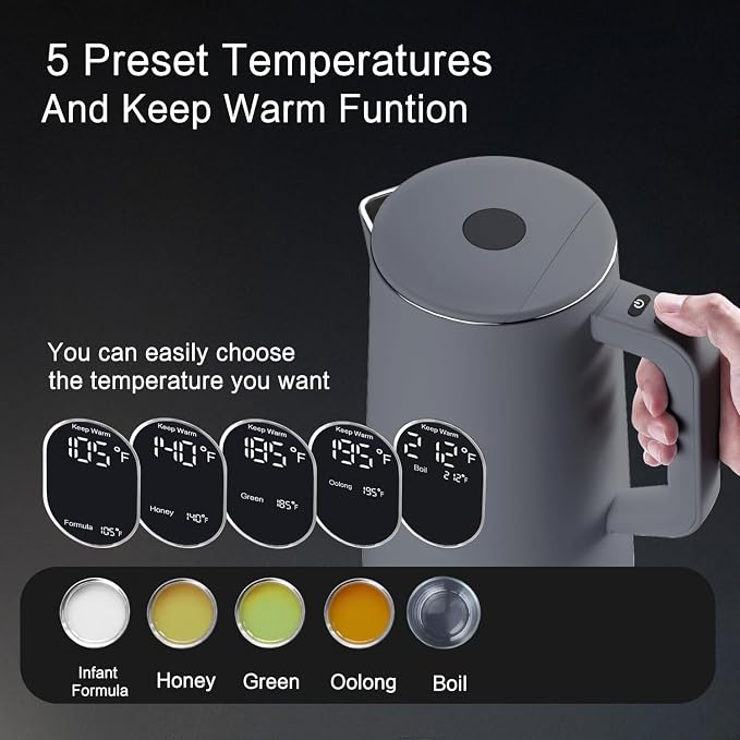 1.5L Electric Kettle Temperature Control,Gray | Double Wall Cool Touch Teapot, Fast Boil, 5 Temperature Control, LED Display, Auto Shut-Off & Keep Warm