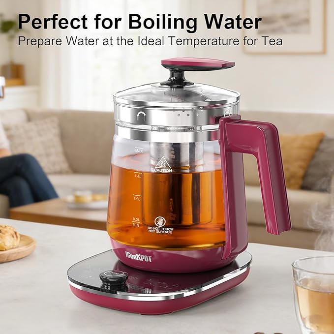 1200w Electric Kettle, 1.5L Borosilicate Glass tea kettle, Hot water kettle electric for Coffee or Tea, BPA Free, Auto Shut-Off, Stainless Steel, Fast Boil, Red