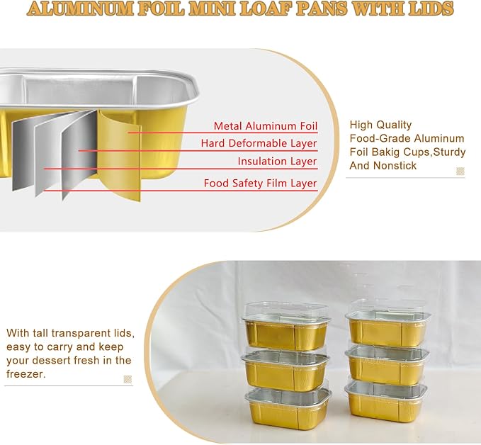 Mini Cake Pans With Lids And Spoons,5.5 oz Rectangle Mini individual Loaf Pans Disposable Aluminum Foil Small Baking Cups Tins (200, Gold)
