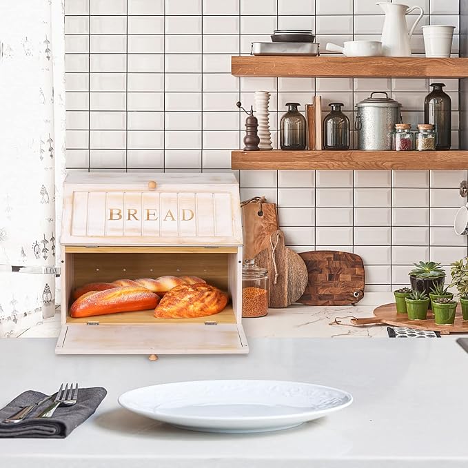 HOMEKOKO Vintage Double Layer Farmhouse Bread Box for Kitchen Counter,White | Keeps Bread Fresh 3-4 Days, 2-Tier Capacity Fits 2+ Loaves,Suitable For Farmhouse/Rustic Kitchens Use, Retro Design
