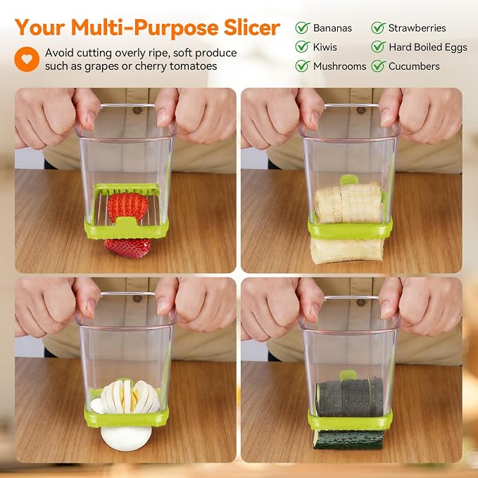 Strawberry Slicer Cup, Fruit Cutter, Quick-Slice, Meal Prep, Green | Dual-Function Base, Easy-Clean & Storable – 304 Stainless Steel Blade – Quick & Safe Slicing Kitchen Gadget