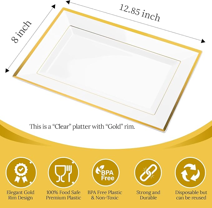 Elegant Plastic Serving Tray & Platter Set (6pk) - Clear & Gold Rim Disposable Serving Trays & Platters for Food - Weddings, Upscale Parties, Dessert Table, Cupcake display - 8x13 inches