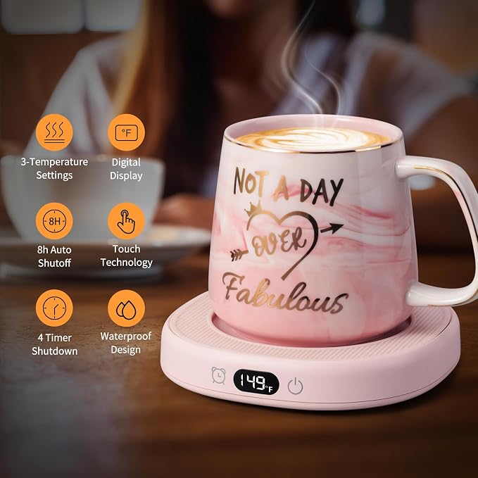 Coffee Mug Warmer & Not A Day Mug Set, Coffee Cup Warmer for Desk | Smart Beverage Warmer Plate for Coffee,Tea,4 Temperature Setting,8-Hours Auto Shut Off,14oz Mug with Spoon & Lid Included