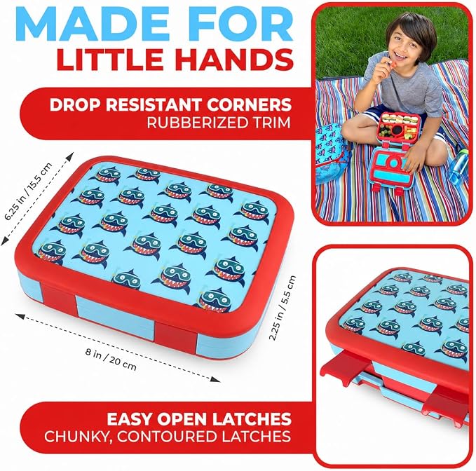 kinsho Lunch Box for Kids Toddlers Boys, BPA Free Bento, Removable Tray, Pre-School Kid Daycare Lunches Snack Container Ages 3 to 5, Cute Baby Blue Shark