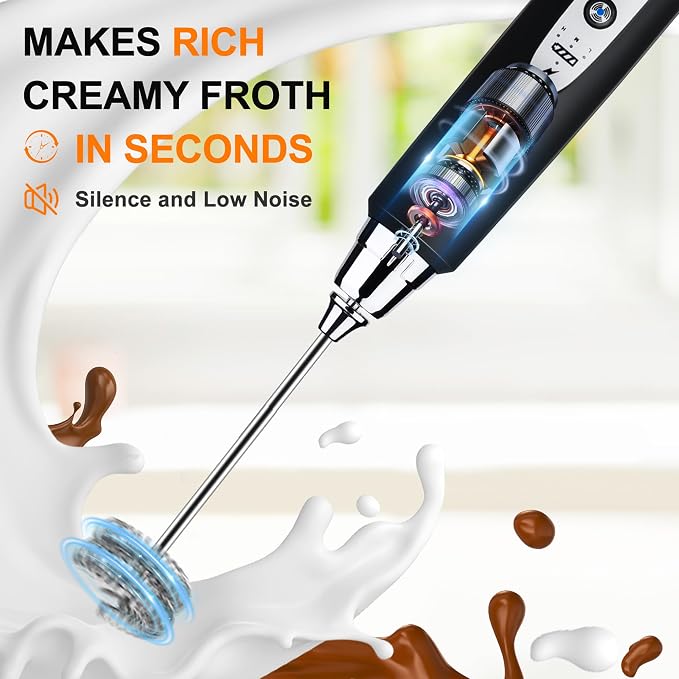 YUSWKO Handheld Milk Frother Wand for Coffee, Rechargeable Electric Whisk with 3 Heads 3 Speeds Drink Mixer Coffee Frother For Latte, Cappuccino, Hot Chocolate, Egg, Black