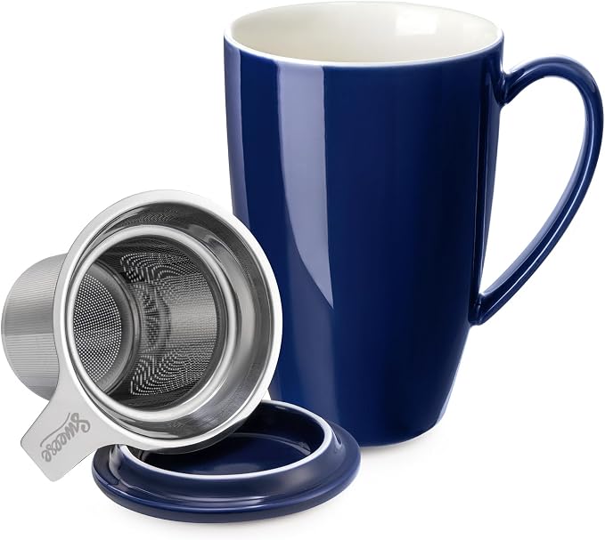 Sweese 15oz Ceramic Tea Cup with Infuser and Lid, Microwave and Dishwasher Safe, Extra-Fine Loose Leaf Tea Steeper, Comfortable Handle, Tea Set in Gift Box, Dark Blue
